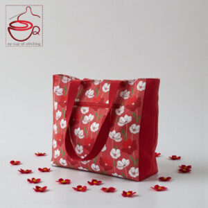 Red and white poppies tote bag - with zipper pouch divider, sewing pattern, PDF file